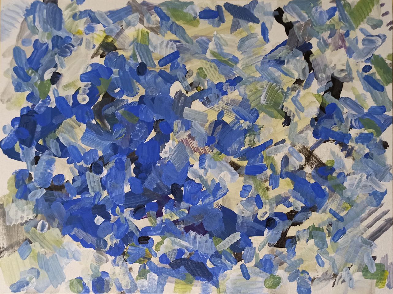 Blue, gray, and green robotic acrylic painting